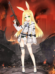  animal_ears bad_gun_anatomy barbed_wire battle_rifle black_footwear blonde_hair building city closed_mouth copyright_request destruction female fire full_body green_eyes grey_footwear grey_jacket gun hair_ornament hairclip highres holding holding_gun holding_weapon jacket leotard long_hair long_sleeves looking_at_viewer m14 official_art open_clothes open_jacket outdoors parted_bangs rabbit_ears rifle ruins shikito_(yawa0w0) shoes sleeves_past_wrists smoke solo standing very_long_hair weapon white_leotard 