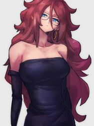  alternate_costume android_21 black_dress blue_eyes breasts closed_mouth collarbone commentary_request dragon_ball dragon_ball_fighterz dress earrings female glasses hair_between_eyes hoop_earrings jewelry kemachiku long_hair looking_at_viewer medium_breasts red_hair solo 