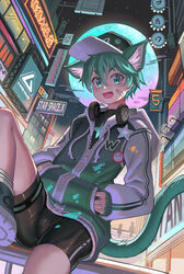  absurd_res animal_humanoid biped bottomwear cat_humanoid clothed clothing eyebrows felid felid_humanoid feline feline_humanoid fingers green_eyes green_hair group hair hat headgear headwear hi_res hoodie humanoid inner_ear_fluff luosu_(whinghope) male mammal mammal_humanoid open_mouth open_smile shorts smile solo_focus spandex spandex_shorts tail tailed_humanoid tight_bottomwear tight_clothing tight_shorts topwear tuft whinghope young young_humanoid 