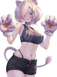  absurdres animal_ears animal_hands bare_shoulders bell black_shorts breasts choker covered_nipples cowboy_shot earrings female gloves grey_eyes grey_hair grey_sports_bra hair_ornament hairclip hands_up highleg highleg_panties highres hololive jewelry large_breasts lion_ears lion_girl lion_tail looking_at_viewer medium_hair midriff navel neck_bell oerba_yun_fang open_mouth panties paw_gloves revil0l shishiro_botan shishiro_botan_(button-down) short_shorts shorts simple_background smile solo sports_bra striped striped_sports_bra tail underwear vertical-striped_sports_bra virtual_youtuber white_background 