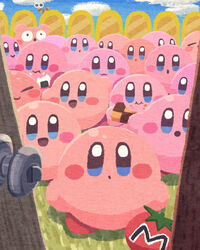  :3 blue_eyes capiller_(kirby) checkerboard_cookie closed_mouth cookie door eating food grass highres kirby kirby_(series) kirby_mass_attack looking_at_viewer maxim_tomato miclot necktie no_humans onigiri open_mouth smile worm 