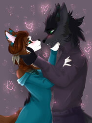  2021 3:4 5_fingers accessory anthro bare_shoulders biped black_body black_fur black_nose blue_eyes blush braided_hair brown_body brown_fur brown_hair canid canine canis clothed clothing digital_media_(artwork) dress dress_shirt duo ear_markings eye_contact eyebrows facial_markings feather_in_hair feathers female fingers fur green_eyes grey_body grey_fur hair hair_accessory hand_on_arm hand_on_back hand_on_face head_markings heart_symbol hi_res holidays inner_ear_fluff kayn_wolfstorm kyra_wolfstorm looking_at_another looking_at_partner male male/female mammal markings married_couple multicolored_body multicolored_fur romantic romantic_ambiance romantic_couple shirt signature snowycrystalangel topwear tuft two_tone_body two_tone_fur valentine&#039;s_day white_body white_fur wolf 