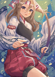  artist_name blush bow_(weapon) brown_eyes female hachimaki hair_between_eyes headband high_ponytail highres holding holding_bow_(weapon) holding_weapon japanese_clothes kantai_collection kimono light_brown_hair long_hair long_sleeves mizuta_kenji muneate one-hour_drawing_challenge open_mouth red_shorts shorts signature smile solo twitter_username weapon white_kimono wide_sleeves yumi_(bow) zuihou_(kancolle) 