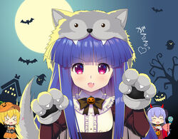  &gt;_&lt; 3girls :d ^_^ animal_hands bat_(animal) blonde_hair blue_hair blunt_bangs candy center_frills chibi closed_eyes commentary fake_horns food frilled_shirt_collar frills full_moon furude_rika gaou_(babel) gloves hairband halloween hanyuu heart heart_in_eye higurashi_no_naku_koro_ni horns houjou_satoko lollipop long_hair looking_at_viewer moon multiple_girls night oerba_yun_fang paw_gloves paw_pose purple_eyes short_hair smile solo_focus swirl_lollipop symbol_in_eye translated v-shaped_eyebrows xd 