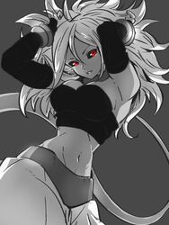  android_21 armpits black_background black_sclera bracelet breasts cleavage colored_sclera commentary_request detached_sleeves dragon_ball dragon_ball_fighterz female greyscale hands_up jewelry kemachiku long_hair looking_at_viewer majin_android_21 medium_breasts midriff monochrome navel red_eyes simple_background solo spot_color tail 