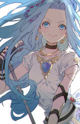  armlet black_choker black_gloves blue_eyes blue_hair bracelet braid choker earrings female gloves granblue_fantasy hageee hair_ribbon heart heart_earrings highres holding holding_microphone jewelry long_hair looking_at_viewer lyria_(born_to_be_snowdos)_(granblue_fantasy) lyria_(granblue_fantasy) microphone necklace official_alternate_costume ponytail ribbon shirt smile solo sweat very_long_hair white_background white_shirt 