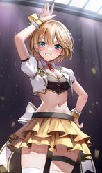  arm_up black_bustier blonde_hair blue_eyes blush bob_cut bow bow_skirt bustier crop_top cropped_jacket female frilled_skirt frills grin hand_on_own_hip hat highres hololive hololive_english holomyth_anniversary_outfit idol jacket layered_skirt looking_at_viewer midriff mini_hat mini_top_hat miniskirt navel necktie official_alternate_costume open_clothes open_jacket puffy_short_sleeves puffy_sleeves short_hair short_sleeves skirt smile solo strapless thigh_strap tilted_headwear top_hat tube_top virtual_youtuber watson_amelia white_bow white_jacket wrist_cuffs wszkii zettai_ryouiki 