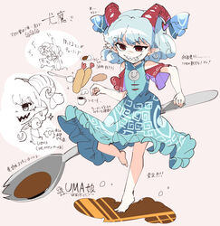  bare_shoulders barefoot blue_dress check_translation coffee commentary curly_hair curry curry_rice detached_sleeves digging dress eagle_spirit_(touhou) earrings female fifiruu food grin horn_ornament horn_ribbon horns jewelry leg_up meandros oil patterned_clothing pointy_ears red_eyes red_horns red_sleeves ribbon rice sharp_teeth sheep_horns shrimp shrimp_tempura smile solo spork sunken_fossil_world teeth tempura touhou toutetsu_yuuma translation_request white_hair 