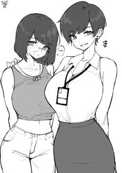  ... 2girls absurdres arm_around_back arms_behind_back artist_name bare_shoulders bob_cut breasts collarbone collared_shirt cowboy_shot crop_top desyana_laurentia glasses grin hand_on_another&#039;s_shoulder highres id_card jewelry lanyard large_breasts looking_at_viewer midriff multiple_girls navel necklace norman_maggot office_lady olive_laurentia original pants pencil_skirt pixie_cut shirt shirt_tucked_in siblings simple_background sisters skirt sleeveless sleeveless_shirt smile spoken_ellipsis standing swept_bangs tank_top tented_shirt white_background wing_collar 