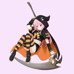  absurdres aged_down alternate_costume black_cloak black_shirt black_thighhighs bow bowtie cloak death_(entity) detached_sleeves felutiahime female fishnets full_body grim_reaper halloween highres holding holding_scythe hololive hololive_english long_hair mori_calliope orange_cloak pink_background pink_hair puffy_short_sleeves puffy_sleeves red_eyes scythe shirt short_sleeves simple_background solo striped_clothes striped_thighhighs thighhighs two-sided_cloak two-sided_fabric two-tone_legwear virtual_youtuber yellow_bow yellow_bowtie yellow_thighhighs 