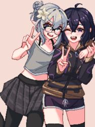  2girls ahoge arm_around_shoulder black_hair black_jacket black_pantyhose black_shorts black_skirt black_thighhighs blue_eyes bra_strap commission contemporary cowboy_shot crop_top fire_emblem fire_emblem_awakening fire_emblem_fates glasses grey_hair grey_shirt hair_bun highres jacket kana_(female)_(fire_emblem) kana_(fire_emblem) midriff morgan_(female)_(fire_emblem) morgan_(fire_emblem) multiple_girls pantyhose pink_background pixel_art pleated_skirt purple_eyes shirt short_hair shorts simple_background skirt thighhighs v yiricannon 