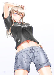  alternate_costume arm_up black_shirt blonde_hair casual clothes_writing commentary_request cross female from_below graf_zeppelin_(kancolle) grey_eyes grey_shorts hair_between_eyes highres iron_cross kantai_collection long_hair looking_at_viewer misono_chiaki navel shirt shorts sidelocks simple_background solo twintails white_background 