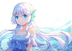  absurdres bad_id bad_pixiv_id blue_eyes bubble collarbone commentary_request doris_(hololive) female fins hair_ornament head_fins highres hololive hololive_china long_hair simple_background solo virtual_youtuber water wawako_mama white_background white_hair 