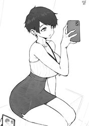  1other absurdres bare_arms bare_legs bare_shoulders breasts cellphone cellphone_photo collarbone dress female high-waist_skirt highres id_card lanyard large_breasts looking_ahead monochrome norman_maggot office_lady olive_laurentia original pencil_skirt phone pixie_cut ribbed_shirt seiza selfie shirt shirt_tucked_in short_hair sitting skirt sleeveless sleeveless_dress smartphone solo_focus swept_bangs tented_shirt 