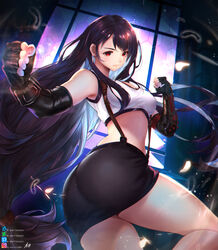  arm_guards artist_name artstation_username ass bare_shoulders black_gloves black_hair black_skirt blush breasts clenched_hands closed_eyes closed_mouth commentary crop_top deviantart_logo deviantart_username earrings elbow_gloves elbow_pads female fighting_stance final_fantasy final_fantasy_vii final_fantasy_vii_remake fingerless_gloves gloves highres hitokiri_battousai jewelry large_breasts lips long_hair looking_at_viewer looking_back low-tied_long_hair md5_mismatch midriff miniskirt pencil_skirt photoshop_(medium) red_eyes shiny_skin shirt skirt sleeveless solo suspender_skirt suspenders suspenders_gap tank_top thighs tifa_lockhart twisted_torso very_long_hair white_tank_top 