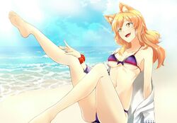  animal_ear_fluff animal_ears barefoot beach bikini blue_sky blush breasts cleavage coffeekite day fate/extra fate/extra_ccc fate/extra_ccc_fox_tail fate/grand_order fate_(series) feet female fox_ears fox_girl fox_tail halterneck jacket large_breasts leg_up legs long_hair long_sleeves looking_up navel off_shoulder open_clothes open_jacket open_mouth orange_hair outdoors purple_bikini shore sidelocks sitting sky smile soles suzuka_gozen_(fate) suzuka_gozen_(heavenly_demon_princess)_(fate) swimsuit tail white_jacket yellow_eyes 