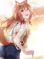  absurdres animal_ear_fluff animal_ears ass bare_shoulders belt blue_shorts braid breasts brown_hair coffeekite fate/extra fate/extra_ccc fate/extra_ccc_fox_tail fate/grand_order fate_(series) female fox_ears fox_girl fox_tail gradient_sky highres long_hair looking_at_viewer looking_back medium_breasts open_mouth orange_eyes orange_sky red_tank_top short_shorts shorts sidelocks sky smile sunset suzuka_gozen_(fate) suzuka_gozen_(under_the_same_sky)_(fate) tail tank_top thighs twilight twin_braids 