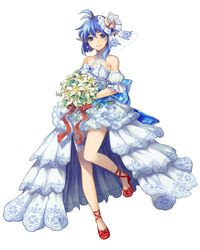  antenna_hair asymmetrical_hair bare_shoulders blue_eyes blue_hair bouquet closed_mouth crescent crescent_hair_ornament detached_sleeves dress earrings female flower fujishino_shikino hair_ornament high_heels jewelry looking_at_viewer pointy_ears rena_lanford short_hair simple_background smile solo star_ocean star_ocean_anamnesis star_ocean_the_second_story wedding_dress white_background white_dress 