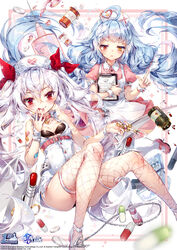  2girls absurdly_long_hair azur_lane bandaid bandaid_on_arm blue_hair bow breasts chains choker feet_out_of_frame fishnet_thighhighs fishnets garter_straps grey_wings hat hat_ornament heart_collar heterochromia hieihirai highres holding holding_syringe large_syringe long_hair metal_wings multiple_girls nicholas_(azur_lane) nicholas_(nurse_nicholas)_(azur_lane) nurse nurse_cap official_alternate_costume official_art oversized_object pill red_bow red_choker small_breasts syringe thighhighs vampire vampire_(azur_lane) vampire_(little_devil_in_white)_(azur_lane) very_long_hair white_hair white_headwear wings 