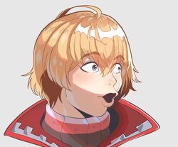  1boy blonde_hair blue_eyes commentary english_commentary grey_background highres looking_to_the_side male_focus meme nyantcha pogchamp_(meme) portrait shulk_(xenoblade) simple_background solo turtleneck twitch.tv xenoblade_chronicles_(series) xenoblade_chronicles_1 