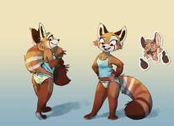  2020 ailurid anthro ass barefoot brown_body brown_fur canid canine cheek_tuft clothing duo facial_tuft feet female fur gesture gradient_background hand_gesture head_tuft heart_eyes heart_symbol hi_res mammal maned_wolf open_mouth open_smile panties red_panda ribbontini_(character) shirt simple_background smile standing tank_top text text_on_clothing text_on_panties text_on_underwear thumbs_up tongue tongue_out topwear tuft underwear vulpesvant vulpesvant_(character) 