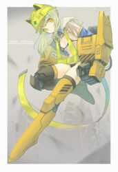  absurdres animal_ears_helmet bikini black_bikini border breasts cleavage closed_mouth female fujie-yz full_body gauntlets green_hair helmet highres hood hood_down mecha_musume medium_breasts original power_fist short_hair_with_long_locks shrug_(clothing) solo standing swimsuit yellow_eyes yellow_headwear 