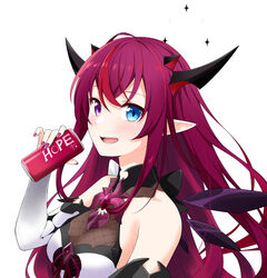  :d absurdres bare_shoulders blue_eyes breasts can detached_sleeves detached_wings drink_can fangs felutiahime female fingernails halterneck heterochromia highres holding holding_can hololive hololive_english horns irys_(hololive) irys_(irys_1.0)_(hololive) long_hair medium_breasts multicolored_hair multiple_horns nail_polish open_mouth pink_hair pink_nails pointy_ears purple_eyes purple_hair smile soda_can solo very_long_hair virtual_youtuber wings 