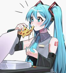  absurdres aqua_eyes aqua_hair aqua_nails aqua_necktie arm_tattoo blush cheese cheese_trail commentary detached_sleeves dripping eating english_commentary female fingernails food food_on_face hatsune_miku headphones highres holding holding_food holding_pizza kumaartsu long_hair messy necktie pepperoni pizza pizza_box pizza_slice solo sweatdrop tattoo twintails upper_body very_long_hair vocaloid wide_sleeves 