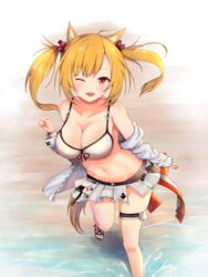  ;d animal_ears arknights bare_legs bare_shoulders bikini bikini_skirt blonde_hair blush breasts brown_eyes cleavage commentary dae_(dog-of-maou) female foot_out_of_frame groin highres large_breasts long_hair long_sleeves looking_at_viewer microskirt navel off_shoulder official_alternate_costume one_eye_closed open_mouth skirt smile solo sora_(arknights) sora_(summer_flowers)_(arknights) standing stomach swimsuit thigh_strap thighs twintails white_bikini white_skirt wolf_ears 