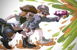  2girls black_footwear black_shorts blue_eyes boots brown_headwear closed_mouth explosher_(splatoon) explosive firing frown grenade grey_sweater hat highres holding holding_grenade humanlynn ink inkling inkling_girl inkling_player_character multiple_girls orange_hair pointy_ears poncho safety_pin shirt shoes short_hair short_shorts shorts simple_background sneakers splat_bomb_(splatoon) splatoon_(series) splattershot_(splatoon) striped_clothes striped_headwear sweater t-shirt white_background white_footwear white_shirt 