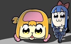  2girls :3 bkub blue_eyes blue_hair blunt_bangs boots car commentary formal hime_cut looking_at_viewer molcar motor_vehicle multiple_girls official_art pipimi poptepipic popuko pui_pui_molcar suit two_side_up vehicle_focus 