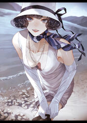  bare_shoulders beach black_hair black_thighhighs bob_cut breasts commentary commentary_request dress elbow_gloves female gloves grey_eyes hat highres jewelry kaoming lake looking_at_viewer mountain nanjou_ao necklace original outdoors pearl_necklace sleeveless sleeveless_dress solo teeth thighhighs viewfinder water white_dress white_gloves 