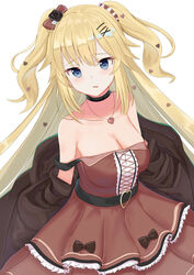  akai_haato akai_haato_(gothic_lolita) bare_shoulders black_choker black_flower black_jacket black_rose blonde_hair blue_eyes blush bow breasts brown_dress choker cleavage collarbone commentary_request dress female flower hair_flower hair_ornament hairbow hairclip heart heart_hair_ornament highres hololive jacket layered_dress long_hair looking_at_viewer medium_breasts natsuki_(natukituki) off_shoulder official_alternate_costume official_alternate_hairstyle open_clothes open_jacket parted_lips pleated_dress rose simple_background sleeveless sleeveless_dress solo strap_slip two_side_up very_long_hair virtual_youtuber white_background white_flower white_rose x_hair_ornament 