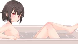  barefoot bath bathing bathtub black_hair blunt_bangs blush breasts commentary_request completely_nude female hair_between_eyes highres knees_up kono_subarashii_sekai_ni_bakuen_wo! kono_subarashii_sekai_ni_shukufuku_wo! looking_at_viewer megumin nipples nude out-of-frame_censoring parted_lips red_eyes ripples short_hair simple_background small_breasts solo tamaguu water white_background 