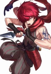  1boy bandaged_arm bandages fate/grand_order fate_(series) fuuma_kotarou_(fate) hair_over_one_eye highres kunai male_focus memna_(renka_roll) red_eyes red_hair reverse_grip scarf shoulder_tattoo tattoo weapon white_background 