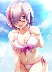  bikini blue_sky breasts cleavage cloud commentary_request cowboy_shot day fate/grand_order fate_(series) female glasses hair_over_one_eye izumi_akane lens_flare light_rays looking_at_viewer mash_kyrielight mash_kyrielight_(swimsuit_of_perpetual_summer) medium_breasts official_alternate_costume outdoors purple_eyes purple_hair short_hair side-tie_bikini_bottom sky smile solo sunbeam sunlight swimsuit white_bikini 