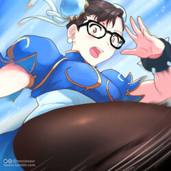  alternate_costume alternate_hairstyle bangs blue_dress bracelet breasts brown_eyes brown_hair brown_legwear bun_cover china_dress chinese_clothes chun-li chun-li_(cosplay) commentary_request cosplay double_bun dress earrings female glasses jewelry kicking long_hair mei_(overwatch) moize_opel open_mouth overwatch pantyhose pelvic_curtain puffy_short_sleeves puffy_sleeves sash short_sleeves solo spiked_bracelet spikes street_fighter thick_thighs thighs 