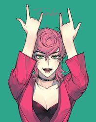  \m/ breasts choker cleavage double_\m/ female green_eyes highres jacket jojo_no_kimyou_na_bouken korean_commentary pink_hair pink_jacket ranch_jjba red_jacket short_hair solo tomboy trish_una vento_aureo 