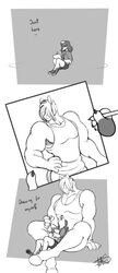  2021 3_panel_comic accessory anthro athletic_wear bird_dog bottomwear canid canine canis clothing domestic_dog drawing_tablet duo english_text equid equine floppy_ears freckles_(artist) gym_bottomwear gym_shorts hair_accessory hair_ring half-closed_eyes hand_holding hoodie hooves horse humor hunting_dog male male/male mammal monochrome muscle_tone muscular muscular_anthro muscular_male narrowed_eyes open_mouth open_smile pawpads paws pecas_(freckles) pecs shirt shorts simple_background size_difference smile spaniel stylus tank_top text topwear welsh_springer_spaniel 