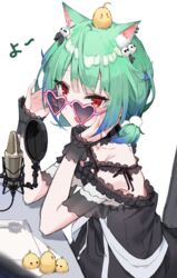  :d absurdres adjusting_eyewear animal animal_ear_fluff animal_ears animal_on_head bad_id bad_pixiv_id bare_shoulders bird black_dress blue_hair blush cat_ears chick commentary_request dress ear_piercing female gothic_lolita gradient_hair green_hair hair_ornament hands_up haru_on heart heart-shaped_eyewear highres hololive lolita_fashion looking_at_viewer looking_over_eyewear low_twintails microphone multicolored_hair off-shoulder_dress off_shoulder official_alternate_costume on_head open_mouth piercing pink-framed_eyewear piyoko_(uruha_rushia) red_eyes short_hair short_twintails simple_background skull_hair_ornament smile solo sunglasses twintails uruha_rushia uruha_rushia_(3rd_costume) virtual_youtuber white_background wrist_cuffs 