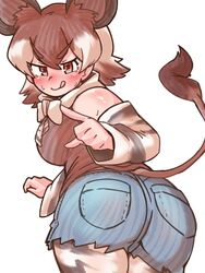  &gt;:) :q animal_ears animal_print ass bare_shoulders blush bow bowtie brown_eyes brown_hair closed_mouth cowboy_shot cutoffs denim denim_shorts detached_sleeves extra_ears female from_behind giraffe_print grey_hair hair_between_eyes half-closed_eyes highres index_finger_raised kemono_friends leaning_forward licking_lips looking_at_viewer looking_back medium_hair multicolored_hair naughty_face niboshi_(niboshi_aruku) nose_blush okapi_(kemono_friends) okapi_ears okapi_tail pantyhose pantyhose_under_shorts pink_background print_sleeves shirt short_shorts shorts simple_background sleeveless sleeveless_shirt smile solo sweat tail tongue tongue_out twisted_torso two-tone_hair v-shaped_eyebrows 