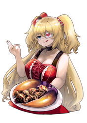  :q absurdres akai_haato akai_haato_(gothic_lolita) aqua_eyes bare_arms bare_shoulders black_choker blonde_hair breasts choker cleavage collarbone cowboy_shot cross-laced_clothes dress eyepatch female food hair_ribbon heart heart_eyepatch highres holding holding_plate hololive hololive_english large_breasts licking_lips long_hair looking_at_viewer medical_eyepatch ninomae_ina&#039;nis official_alternate_hairstyle ok_sign plate playing_card_theme red_dress ribbon simple_background sleeveless sleeveless_dress solo takoyaki tongue tongue_out two_side_up very_long_hair virtual_youtuber vyragami white_background 