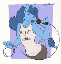  2022 anthro athletic_wear blue_body blue_fur blue_hair bottomwear closed_eyes clothing danny_sexbang electronics english_text equid equine freckles_(artist) fur game_grumps gym_bottomwear gym_shorts hair horn long_hair male mammal microphone mythological_creature mythological_equine mythology open_mouth open_smile raised_finger raised_pinky shirt shorts simple_background singing smile solo tail tail_tuft tank_top text text_on_clothing text_on_shirt text_on_tank_top text_on_topwear topwear tuft unicorn unicorn_horn 