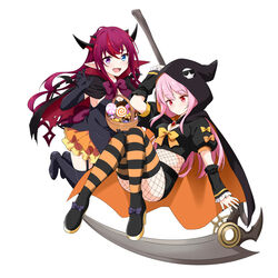  2girls :d absurdres aged_down alternate_costume black_cape black_cloak black_footwear black_shirt black_thighhighs blue_eyes braid cape claw_pose cloak commentary death_(entity) detached_sleeves elbow_gloves english_commentary fangs felutiahime fishnets frilled_skirt frills full_body gloves grim_reaper halloween halloween_bucket heterochromia highres holding holding_scythe hololive hololive_english horns irys_(hololive) layered_skirt long_hair mori_calliope multicolored_hair multiple_girls multiple_horns open_mouth orange_cloak pink_hair pointy_ears puffy_short_sleeves puffy_sleeves purple_eyes red_cape red_hair scythe shirt short_sleeves skirt smile strapless striped_clothes striped_thighhighs thigh_strap thighhighs tube_top twin_braids two-sided_cape two-sided_cloak two-sided_fabric two-tone_legwear vampire virtual_youtuber yellow_legwear 