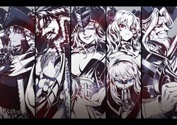  3boys 3girls ahoge anne_bonny_(fate) bartholomew_roberts_(fate) beard belt breasts chest_hair christopher_columbus_(fate) cleavage covered_mouth cross cross_necklace cutlass dark-skinned_male dark_skin edward_teach_(fate) facial_hair fate/grand_order fate_(series) fingerless_gloves francis_drake_(fate) gloves grin hairband hat highres hook jewelry looking_at_viewer mary_read_(fate) mashuu_(neko_no_oyashiro) multiple_boys multiple_girls necklace over_shoulder pirate pirate_hat scar scar_on_face skull_and_crossbones smile spot_color tongue tongue_out weapon weapon_over_shoulder 