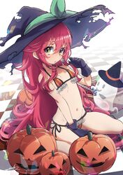  bare_shoulders between_legs bikini black_gloves blush bra breasts candy checkered_floor commentary_request female food ghost gloves green_eyes groin hair_between_eyes hat highres holding lollipop long_hair looking_at_viewer mori_shin_risuku navel open_mouth original panties pumpkin red_hair side-tie_panties signature sitting small_breasts solo swimsuit torn_clothes torn_hat underwear very_long_hair wariza witch witch_hat 