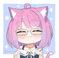  :3 ^_^ ahoge animal_ears blue_dress blush_stickers bob_cut cat_ears cat_girl cat_tail chibi chibi_only closed_eyes commentary dress english_commentary female glasses gradient_hair himemori_luna himemori_luna_(sundress) hololive kukie-nyan medium_hair multicolored_hair official_alternate_costume paw_pose pink_hair purple_hair sailor_collar sailor_dress smile solo tail twitter_username upper_body virtual_youtuber 