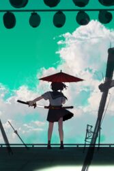  black_footwear black_hair black_sailor_collar black_skirt black_socks cloud cloudy_sky commentary_request day facing_away female from_behind green_sky hatski.sin highres holding holding_sword holding_weapon katana oil-paper_umbrella original outdoors partial_commentary pleated_skirt red_umbrella sailor_collar scabbard school_uniform serafuku sheath shirt shoes short_sleeves skirt sky socks solo sword umbrella unsheathing weapon white_shirt 