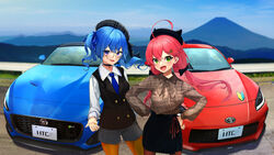  2girls :d ahoge alternate_costume beret black_beret black_bow black_choker black_skirt black_vest blue_bow blue_bowtie blue_hair blue_ribbon blush bow bowtie brown_shirt car choker collared_shirt commentary_request day fake_horns flower glasses green_eyes grey_shorts guard_rail hair_between_eyes hair_flower hair_ornament hair_ribbon hairbow hands_on_own_hips hat highres hololive horned_headwear horns hoshimachi_suisei jaguar_(car) jaguar_f-type long_hair long_sleeves looking_at_viewer micomet_(hololive) motor_vehicle multiple_girls open_mouth orange_pantyhose outdoors pantyhose plaid_headwear purple_eyes red_hair ribbon sakura_miko shirt shorts skirt smile sports_car standing star_(symbol) star_in_eye symbol_in_eye toyota toyota_86 traffic_barrier twintails vehicle_focus vest virtual_youtuber white_shirt you&#039;a 