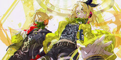  1boy 2girls adjusting_mask alternate_costume belt blonde_hair blue_eyes blurry bow breasts brother_and_sister cable depth_of_field dual_persona foreshortening frilled_sleeves frills from_below gloves hair_ornament hairbow hairclip headphones heterochromia highres hitokoto interlocked_fingers jacket kagamine_len kagamine_rin kagamine_rin_(roshin_yuukai/hard_rkmix) looking_at_viewer mask mask_around_neck midriff midriff_peek multicolored_clothes multicolored_jacket multiple_girls navel out_of_frame outstretched_arm outstretched_hand pale_skin parted_lips pov pov_hands print_shirt reaching reaching_towards_viewer red_gloves respirator roshin_yuukai_(vocaloid) shirt short_ponytail shorts siblings small_breasts torn_clothes torn_legwear twins two-tone_jacket vocaloid yellow_eyes yellow_jacket yellow_nails 